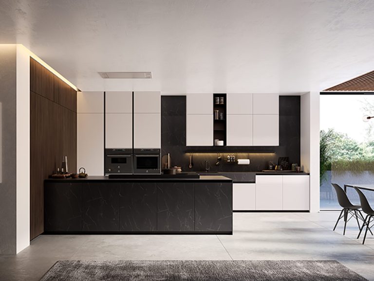 White and Black Lacquer Kitchen Cabinet