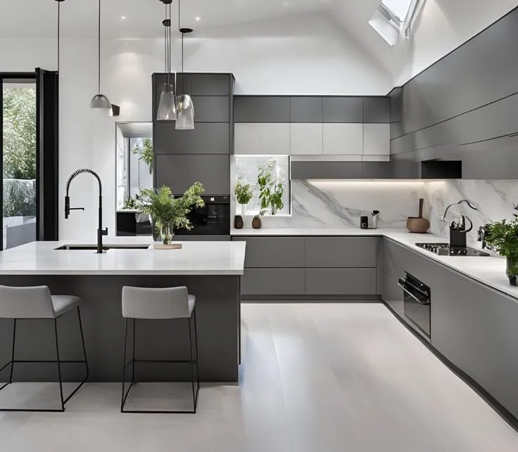 kitchen with gray and white cabinets